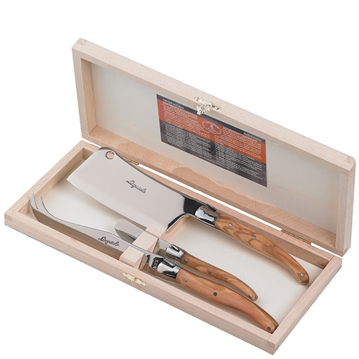 Picture of Jean Dubost Laguiole JD98-13736 10.75 x 4.75 x 1.5 in. Olive Wood Cheese Set in a Clasp Box - 3 Piece