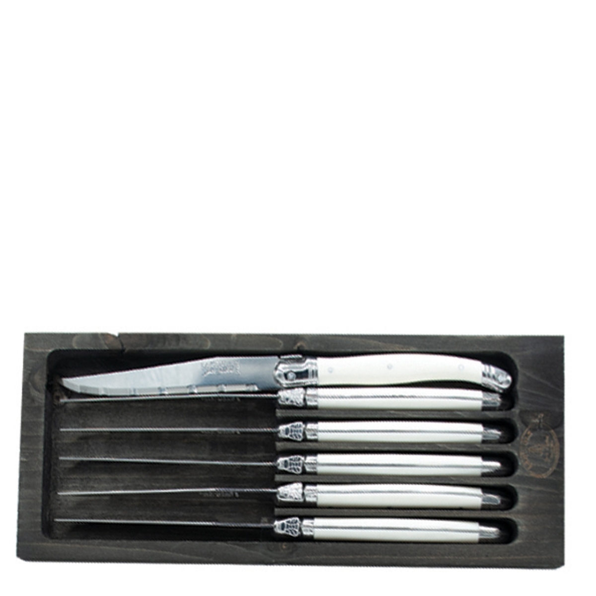 Picture of Jean Dubost Laguiole JD97-6458 11 x 4.5 x 1 in. Steak Knives with Handles in Tray  White &amp; Black - 6 Piece