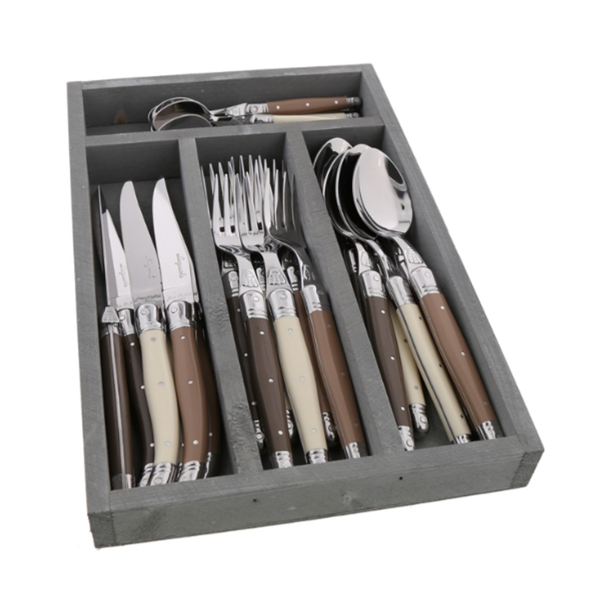 Picture of French Farm JD71-13024.LINEN 12.5 x 8.75 x 1.5 in. Jean Dubost Everyday Flatware Set with Handles in a Tray&#44; Linen - 24 Piece