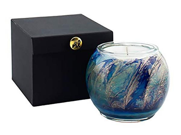 Picture of Northern Lights 460270 4 in. Cucumber & Lily Candle Globe Northern Lights Esque Nouveau Globe - Handblown Bubble Glass Vessel Handmade Candle for Unisex&#44; Blue Golden