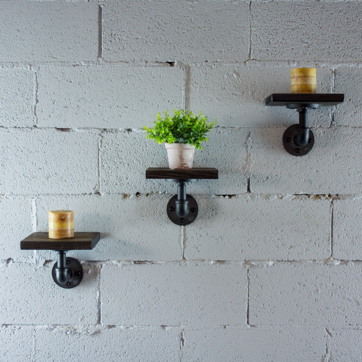 SDS1-3P-BL-BL-BL Ames Industrial Chic Decorative Shelf, Black Steel Combo with Dark Brown Stained Wood - 3 Piece