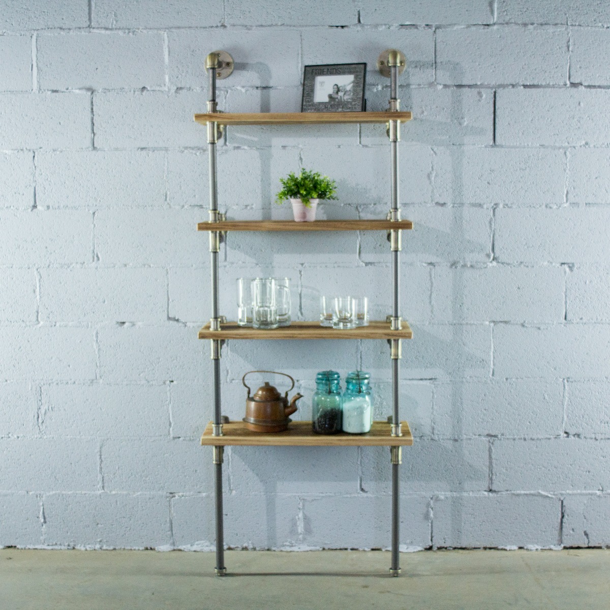 TWBS1-BR-GR-NA 27 in. Sacramento Industrial Chic Wide 4-Tier Etagere Bookcase, Brushed Brass Gray Steel Combo with Natural Stained Wood -  Furniture Pipeline