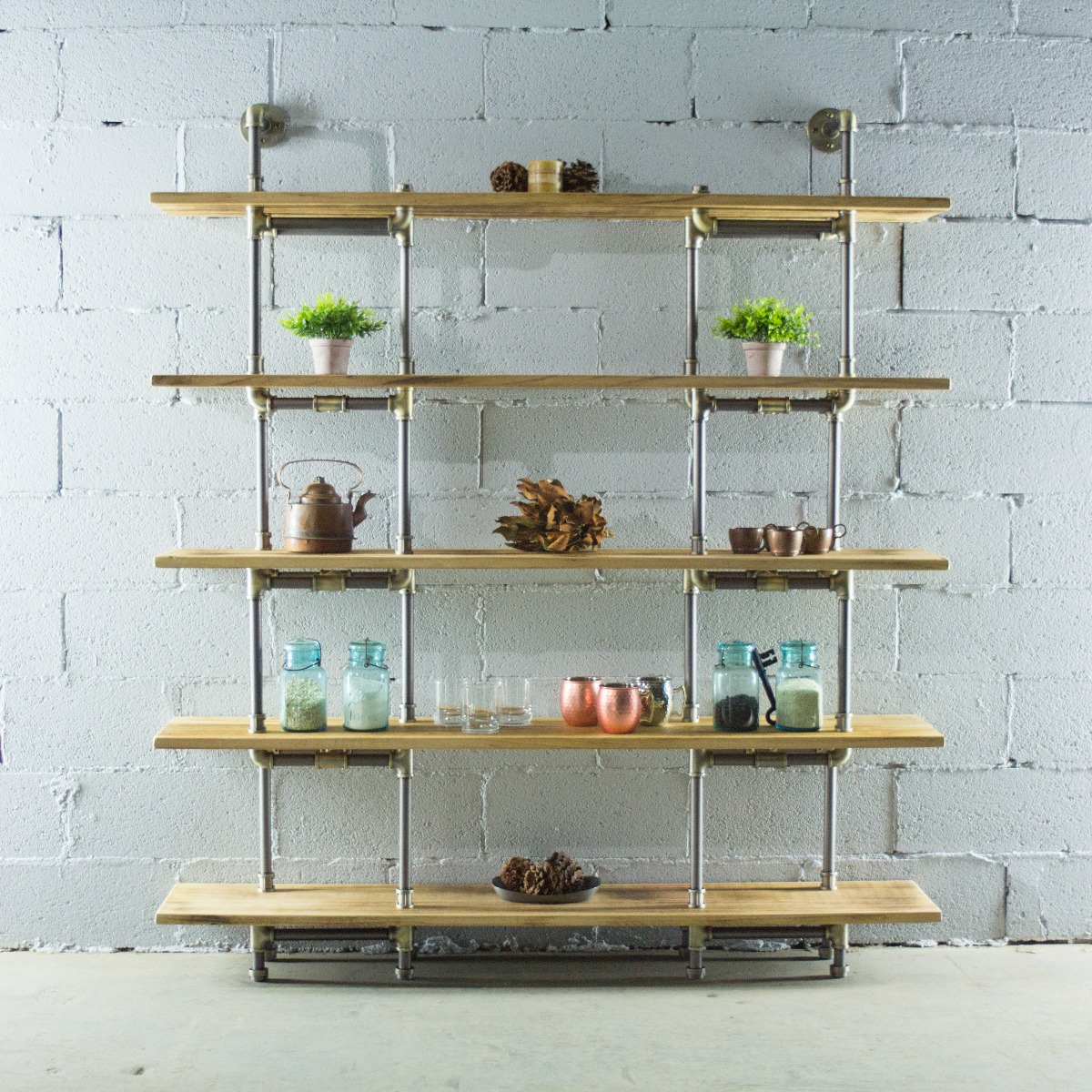 SCS1-BR-GR-NA Eugene Modern Industrial Bookcase, Brushed Brass Gray Steel Combo with Natural Stained Wood