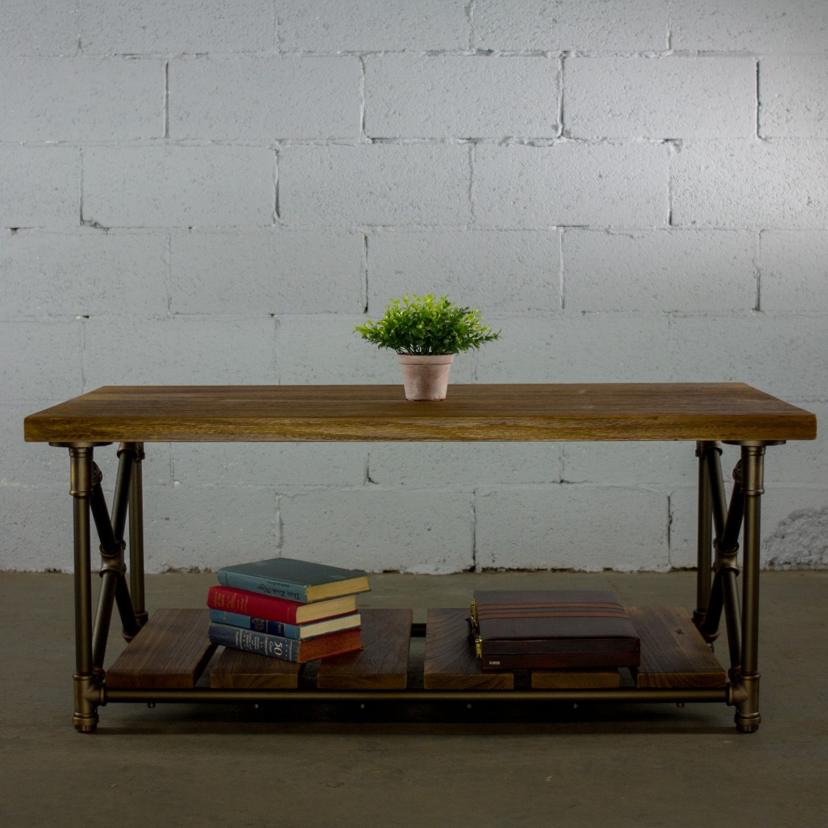 CTX1-BZ-BZ-BR Houston Industrial Chic Coffee Table, Rustic Bronze Combo with Light Brown Stained Wood