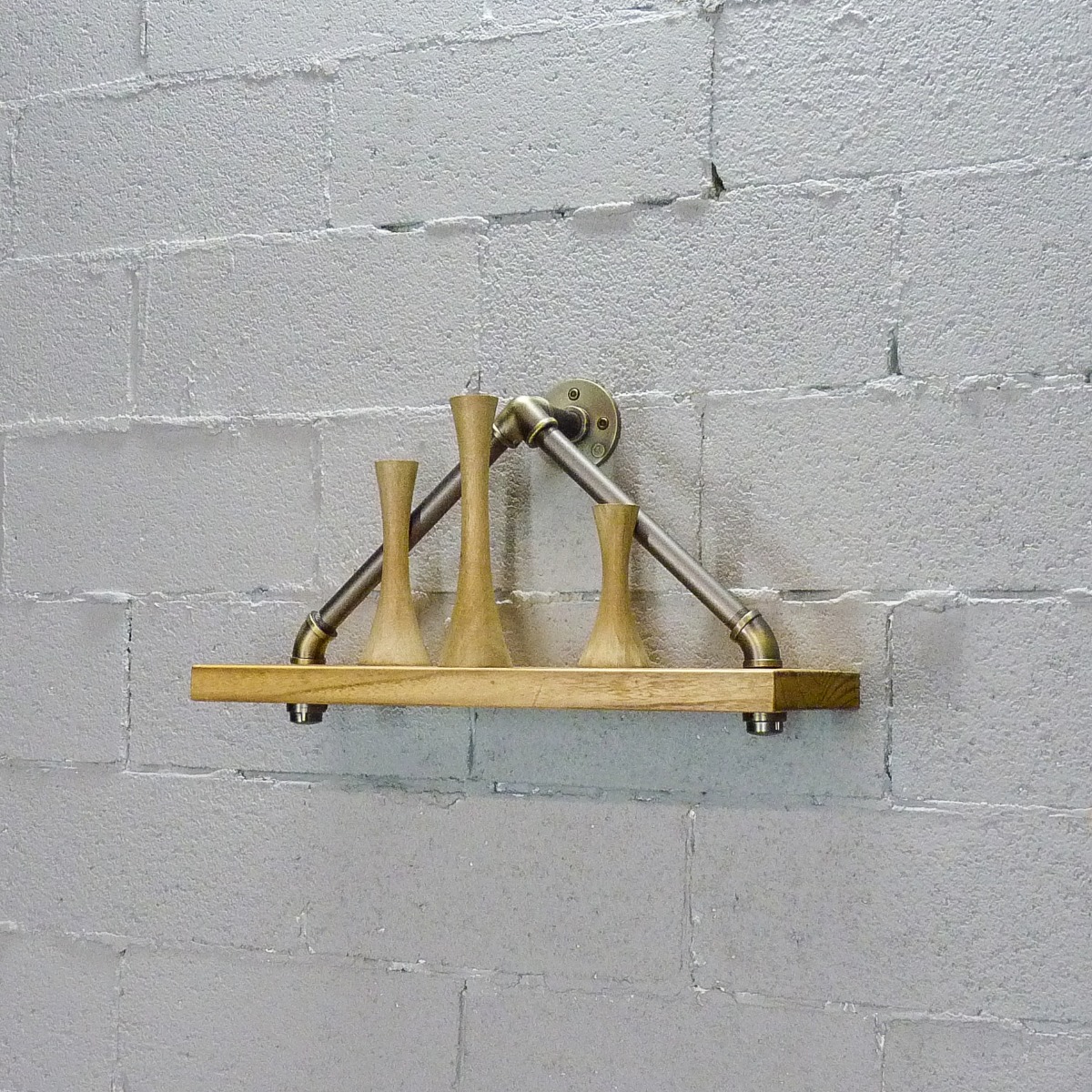 TS1-BR-GR-NA 24 in. Charlotte Modern Industrial Triangle Wall Shelf, Brushed Brass Gray Steel Combo with Natural Stained Wood
