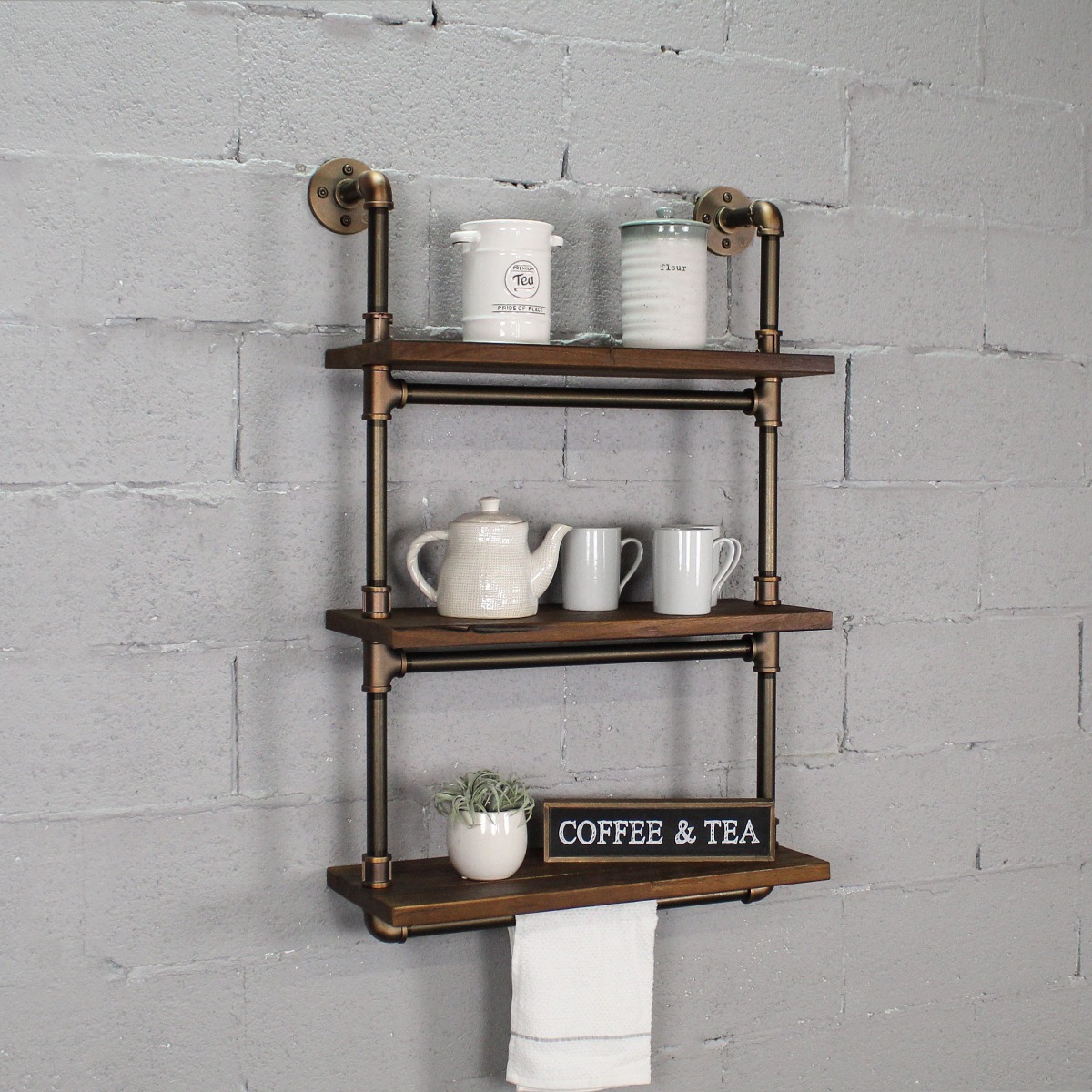 TTS241-BZ-BZ-BR 24 in. Juneau Industrial Wall Mounted Wide Etagere Rack, Rustic Bronze Combo with Light Brown Stained Wood