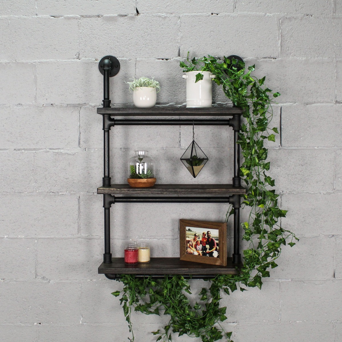 TTS241-BL-BL-BL 24 in. Juneau Industrial Wall Mounted Wide Etagere Rack, Black Steel Combo with Dark Brown Stained Wood