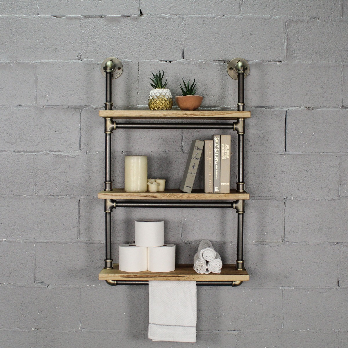 TTS241-BR-GR-NA 24 in. Juneau Industrial Wall Mounted Wide Etagere Rack, Brushed Brass Gray Steel Combo with Natural Stained Wood