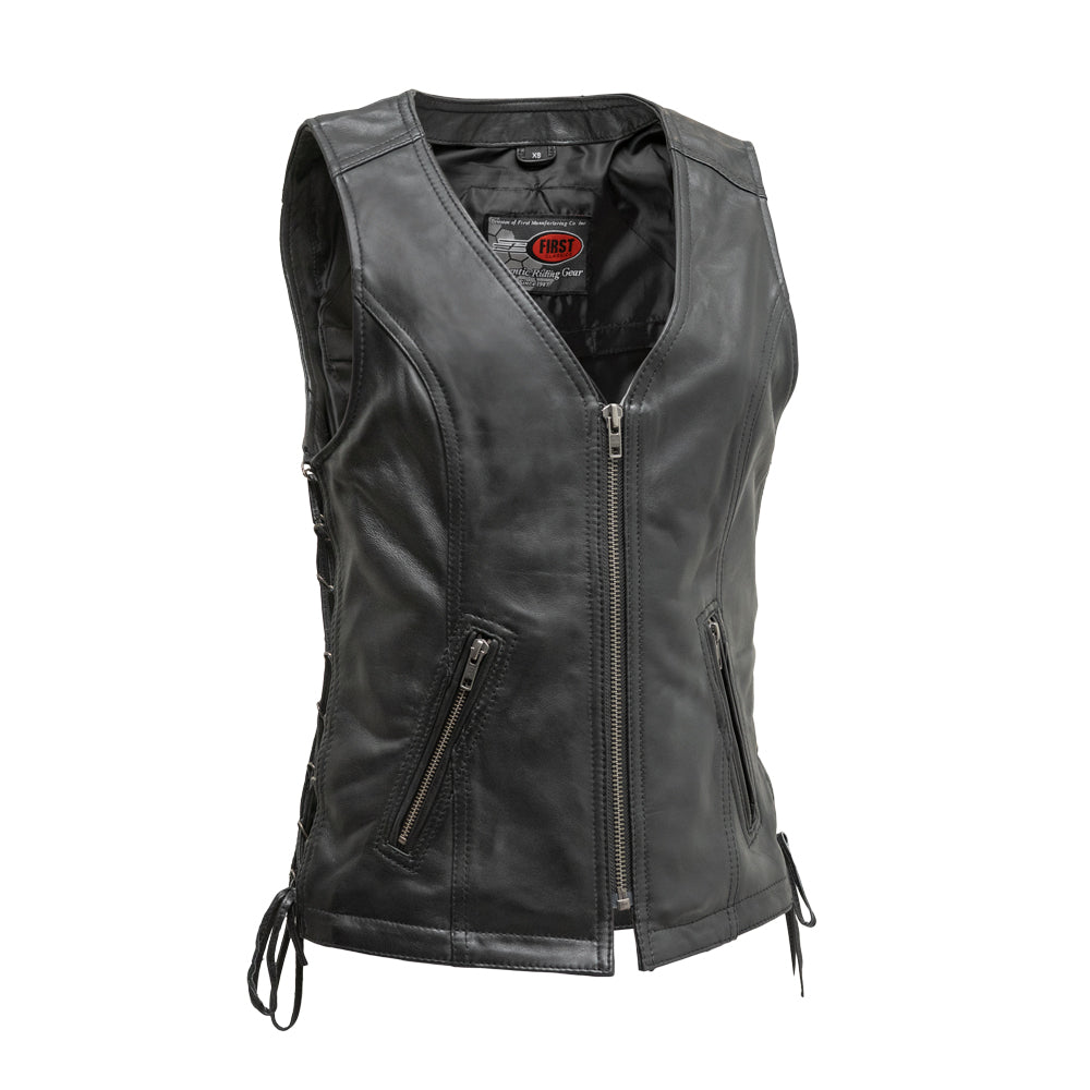 Picture of First Manufacturing FIL576SDM5X-4X-BLK Cindy Motorcycle Leather Vest for Women, Black - 4X