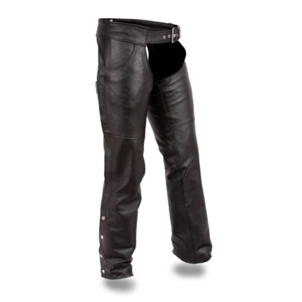 Picture of First Manufacturing FMM835TALL-XXST-BLK Rally Motorcycle Leather Tall Chaps&#44; Black - 2XS-Tall