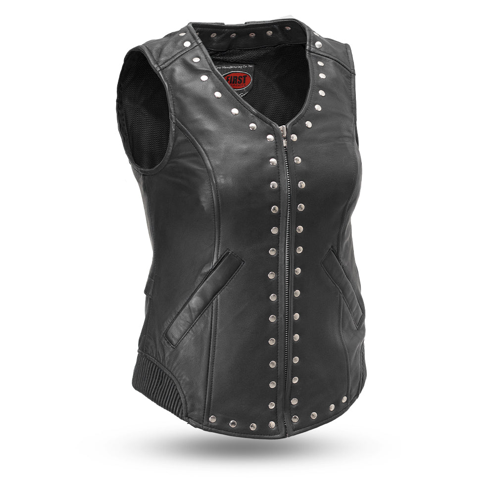 FIL575SDM5X-5X-BLK Empress Motorcycle Leather Vest for Women, Black - 5X -  First Manufacturing, FIL575SDM5X_5X_BLK