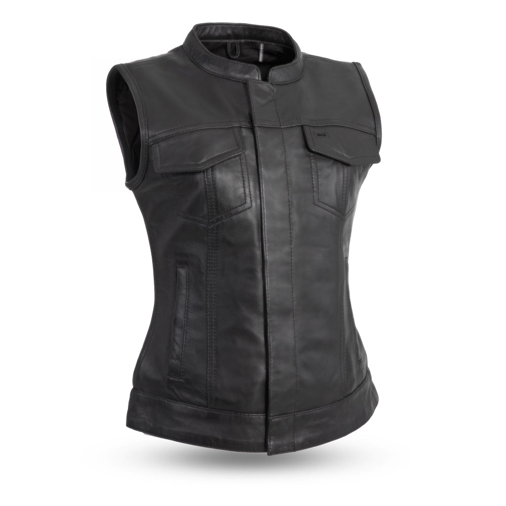 Picture of First Manufacturing FIL516SDC-XS-BLK Ludlow Motorcycle Leather Vest for Women, Black - Extra Small