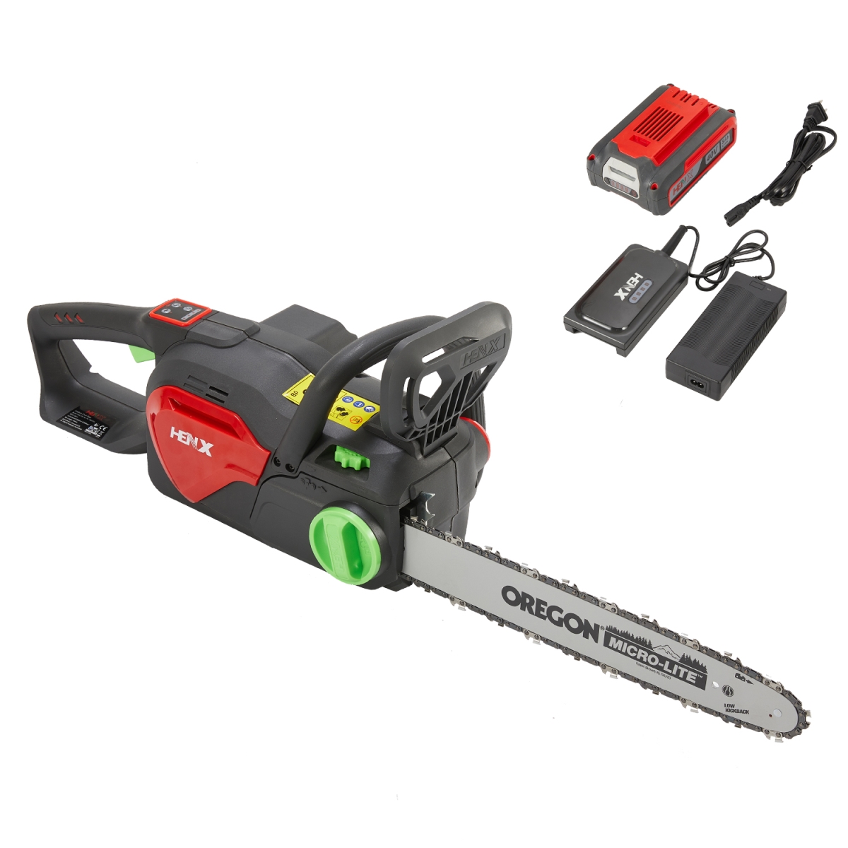 Picture of Henx A40LJ16B01 16 in. 40V Brushless Cordless Chain Saw with Charger & Battery&#44; Red & Green