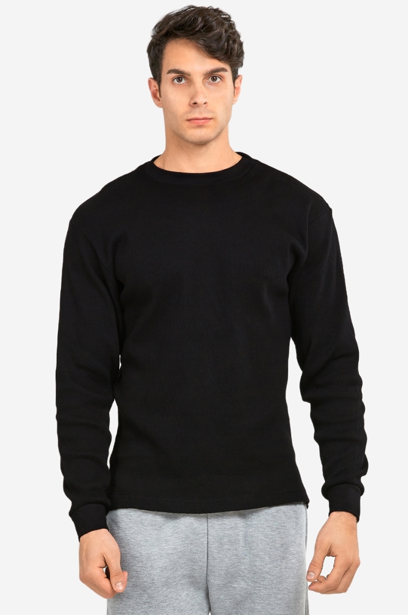 Picture of 247 Frenzy 247-KHT001 BLK-LG Mens Essentials Knocker Classic Breathable Cotton Waffle Knit Texture Thermal Top Long Sleeve T-Shirt&#44; Black - Large