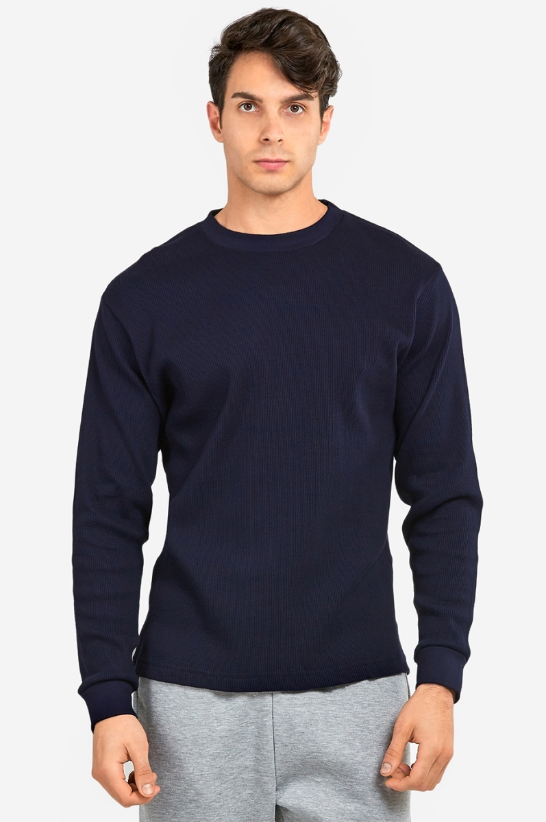 Picture of 247 Frenzy 247-KHT001 NVY-LG Mens Essentials Knocker Classic Breathable Cotton Waffle Knit Texture Thermal Top Long Sleeve T-Shirt&#44; Navy - Large