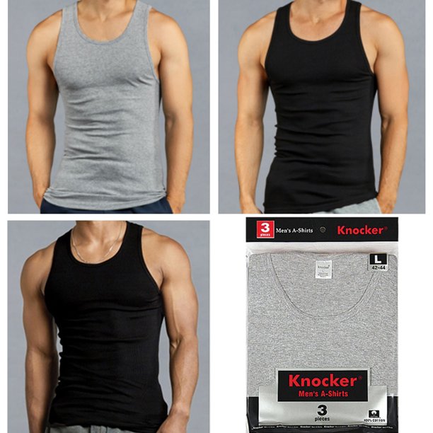 Picture of 247 Frenzy 247-CKA003-BKHG-3PK-LG Mens Essentials Knocker Solid Cotton Lightweight Tank Top&#44; Black & Heather Gray - Large - Pack of 3