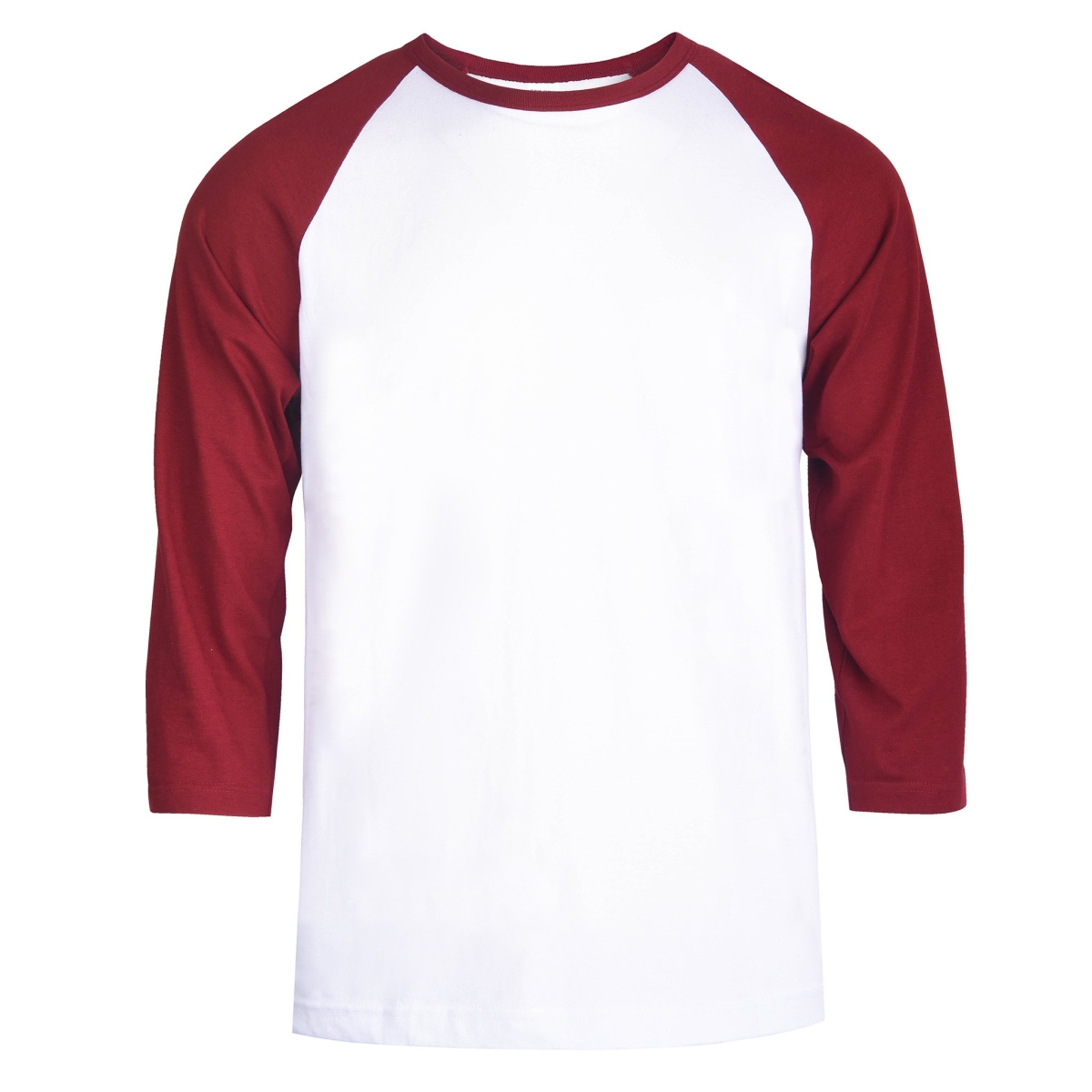 Picture of 247 Frenzy 247-MBT001 BUW-SM Mens Essentials Top Pro 0.75 Sleeve Raglan Baseball T-Shirt&#44; Burgundy & White - Small