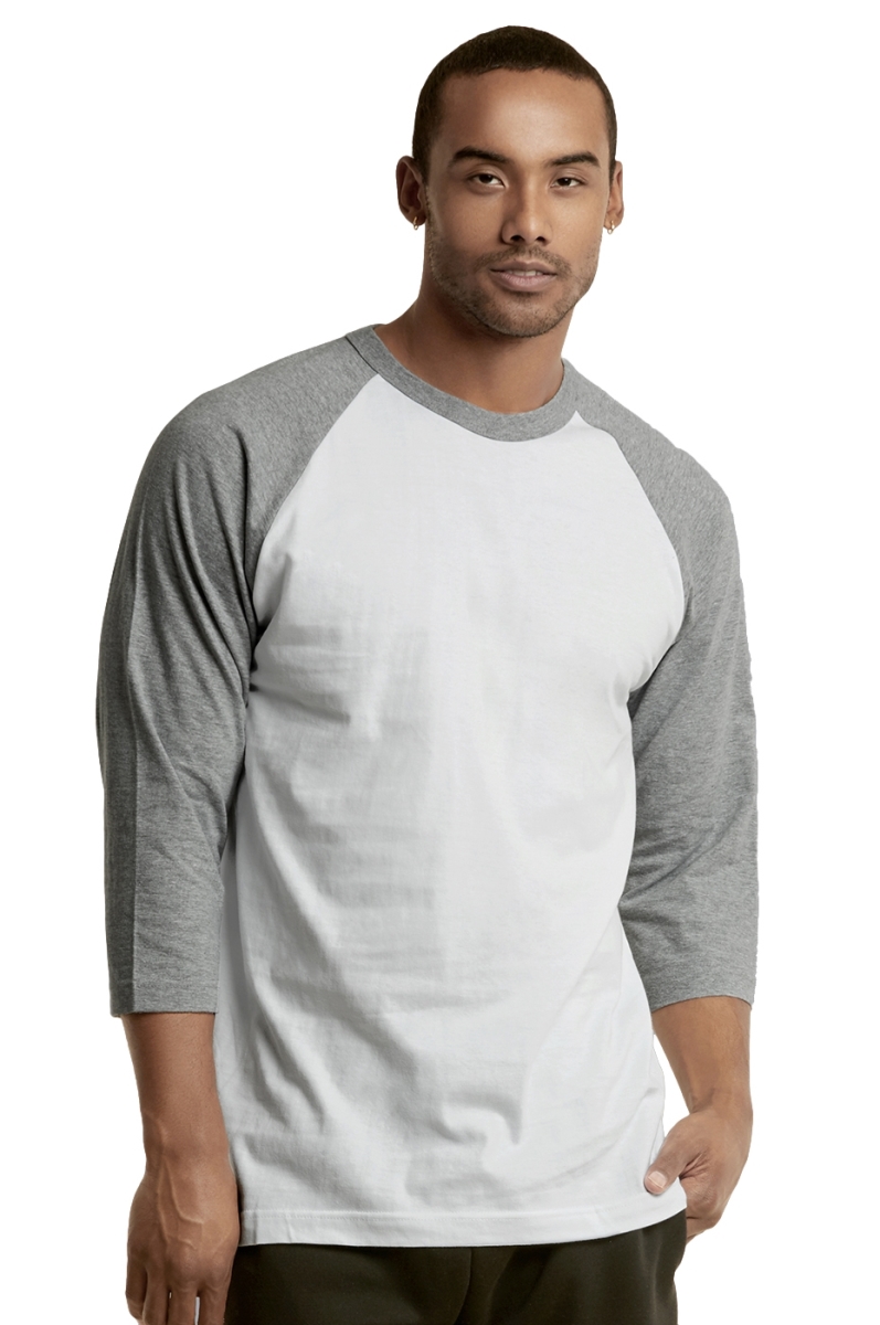 Picture of 247 Frenzy 247-MBT001 LGW-SM Mens Essentials Top Pro 0.75 Sleeve Raglan Baseball T-Shirt&#44; Light Gray & White - Small