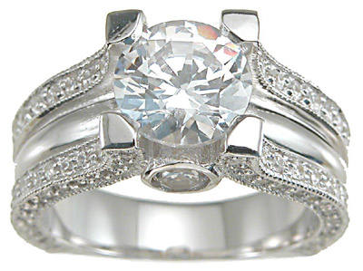 r6283 8 x 8 mm 925 Sterling Silver Cubic Zirconium Antique Style Engagement Ring  Rhodium Finish - Size 5