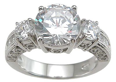 r6630 925 Sterling Silver Cubic Zirconium Three Stone Wedding Ring  Rhodium Finish - Size 5