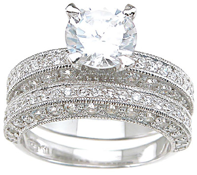 6 x 6 mm 925 Sterling Silver Cubic Zirconium Antique Style Wedding Set Ring  Rhodium Finish - Size 5