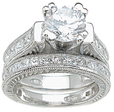 rs6302 6 x 6 mm 925 Sterling Silver Cubic Zirconium Princess Wedding Set Ring  Rhodium Finish - Size 5