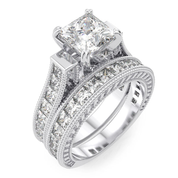 Picture of Sterling Couture rs6315 925 Sterling Silver Cubic Zirconium Princess Antique Style Engagement Set Ring  Rhodium Finish - Size 5