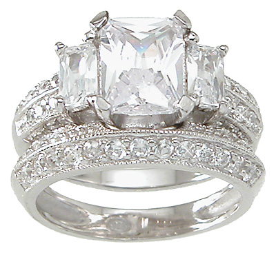 rs6648 925 Sterling Silver Cubic Zirconium Emerald Cut Three Stone Engagement Set Ring  Rhodium Finish - Size 5