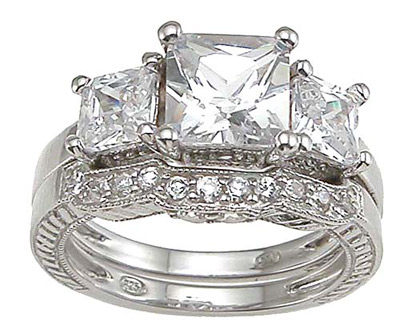 Picture of Sterling Couture rs6649 925 Sterling Silver Cubic Zirconium Princess Three Stone Engagement Set Ring  Rhodium Finish - Size 5