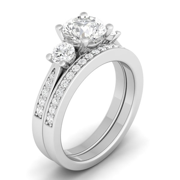 925 Sterling Silver Three Stone Wedding Ring Set  Rhodium - Size 5