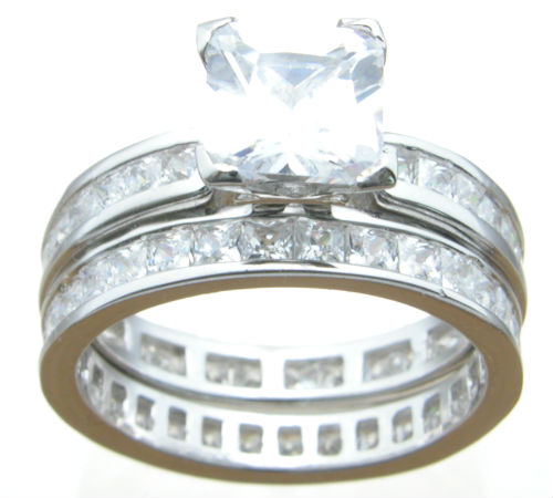 925 Sterling Silver Princess Eternity Wedding Ring Set - Size 5
