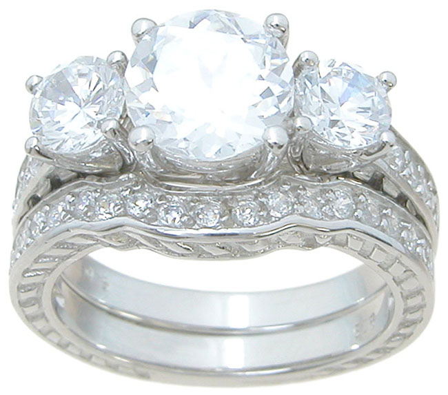 925 Sterling Silver Three Stone Antique Style Wedding Ring Set - Size 5