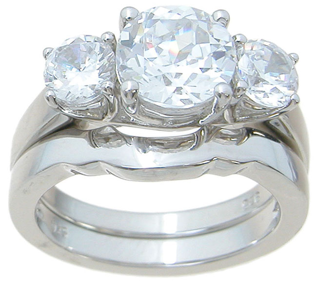 925 Sterling Silver Three Stone Wedding Ring Set - Size 5