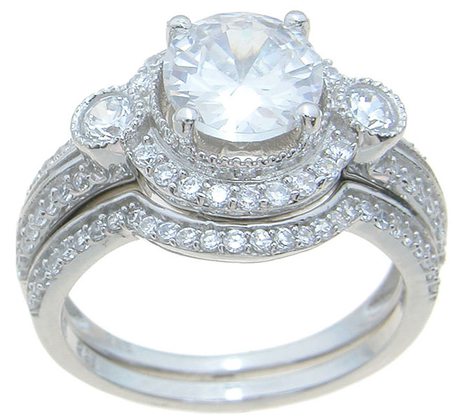925 Sterling Silver Halo Vintage Style Wedding Ring Set - Size 5