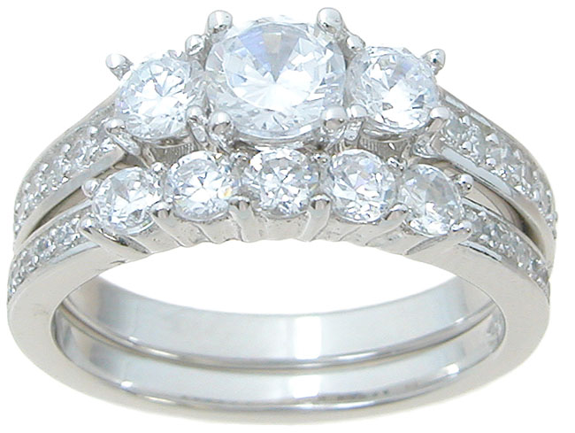 925 Sterling Silver Three Stone High Fashion Wedding Ring Set - Size 5
