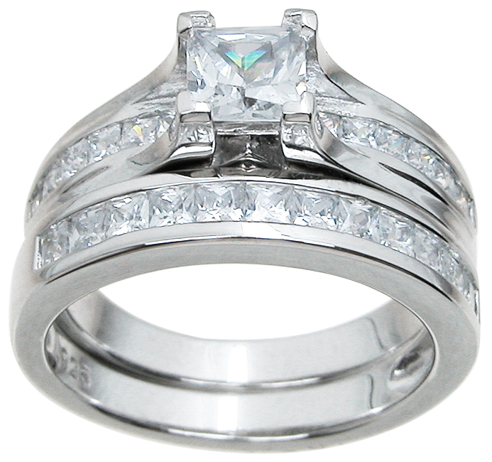 925 Sterling Silver Princess Wedding Ring Set - Size 5