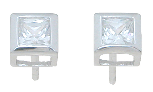 e6321 925 Sterling Silver Princess Stud Bezel Earrings, Rhodium Finish