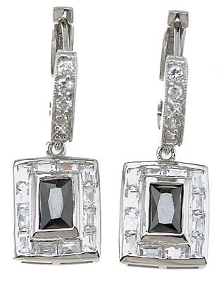 925 Sterling Silver Brilliant & Baguettes Fashion Bezel Earrings, Rhodium Finish