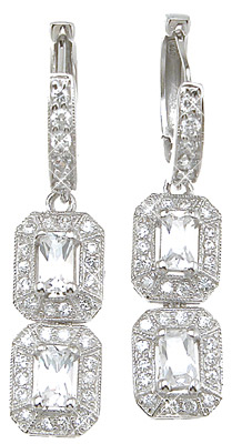e6337 925 Sterling Silver Emerald Cut Antique Style Pave Earrings, Rhodium Finish