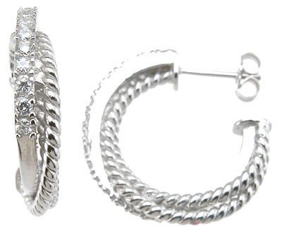 e6349 925 Sterling Silver Brilliant Hoop Pave Earrings, Rhodium Finish