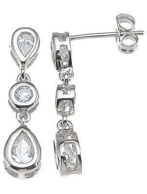 925 Sterling Silver Cubic Zirconium Three Stone Earrings, Rhodium Finish