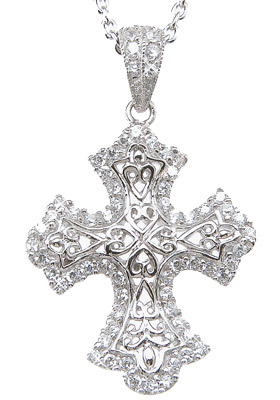 1.25 & 0.75 mm 925 Sterling Silver Brilliant Cross Antique Style Pave Pendant, Rhodium Finish