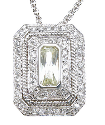 p6412 925 Sterling Silver Emerald Cut Antique Style Pave Pendant, Rhodium Finish
