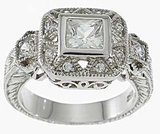 r5065 925 Sterling Silver Princess Antique Style Pave Ring  Platinum Finish - Size 5