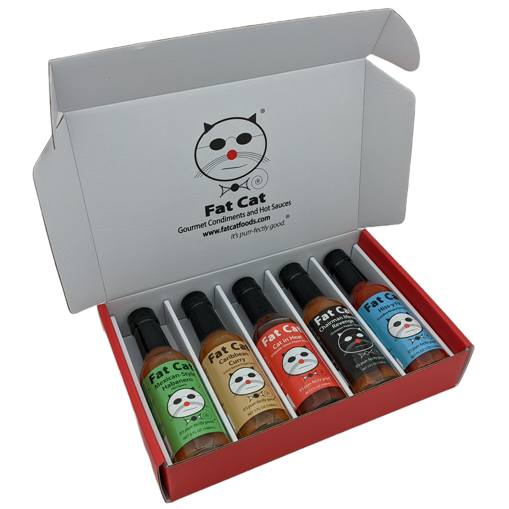 Picture of Fat Cat Gourmet Hot Sauces HEAT-LOVERS-5PACK-GIFTBOX Heat Lovers 5 Bottle Hot Sauce Gift Box