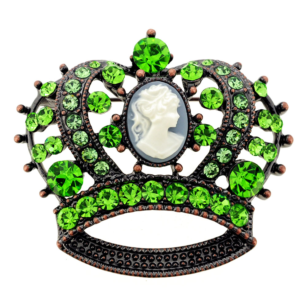 Picture of Fantasyard Vintage Style Crystal Cameo Crown Pin Brooch - Green - 2 x 1.75 in.