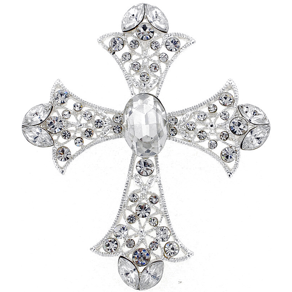 Picture of Fantasyard Crystal Cross Wedding Pin & Pendant - Silver - 2.125 x 2.5 in.