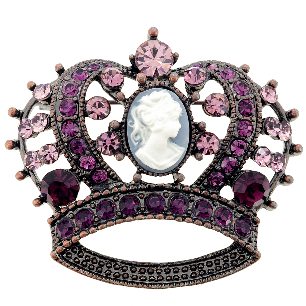 Picture of Fantasyard Vintage Style Cameo Crown Amethyst Crystal Pin Brooch - Purple - 1.875 x 1.625 in.