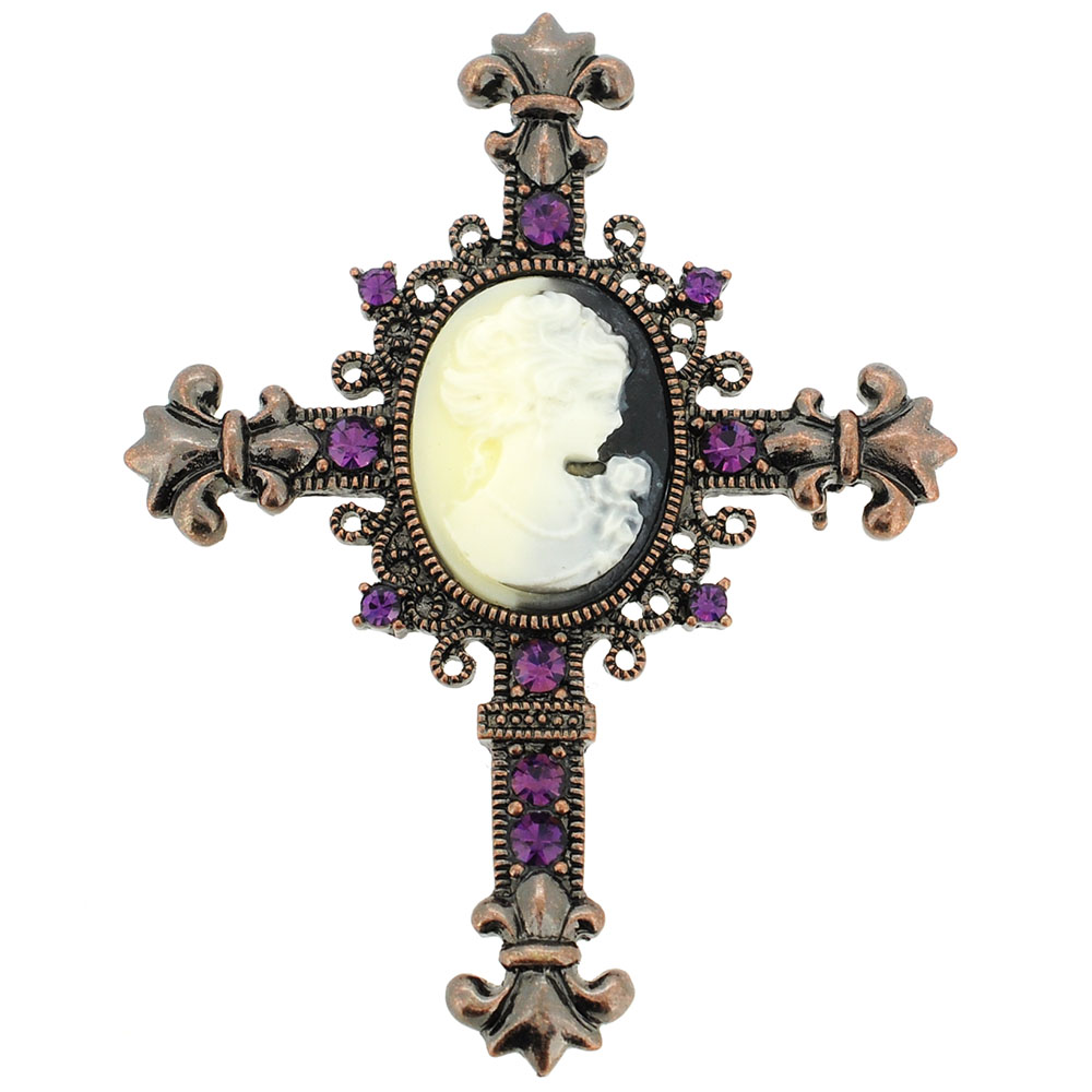 Picture of Fantasyard Vintage Style Cameo Cross Amethyst Crystal Brooch & Pendant - Silver - 2.375 x 3 in.