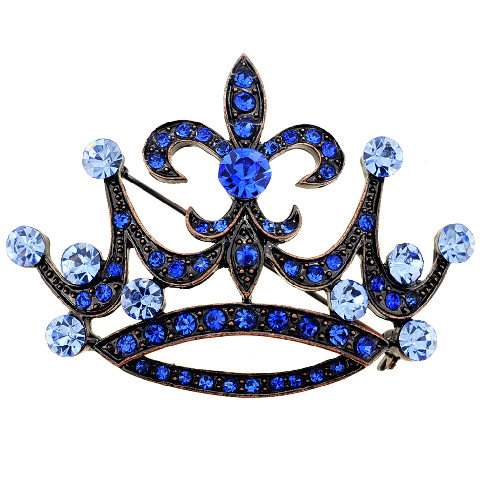 Picture of Fantasyard 2.25 x 1.625 in. Vintage Style Blue Fleur-De-Lis Crown Crystal Brooch Pin&#44; Copper Tone